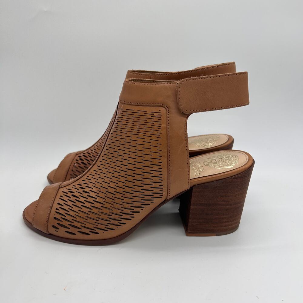 Vince Camuto Lavette Brown Perforated Peep Toe Bootie Block Heel Sandals size 9 - Picture 8 of 8